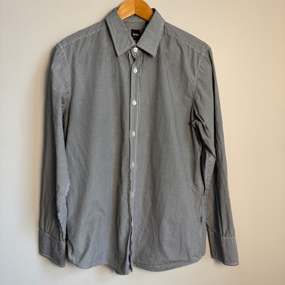 BOSS Hugo Boss Mens Black‎ White Gingham Plaid Casual Dress Shirt Large Preppy